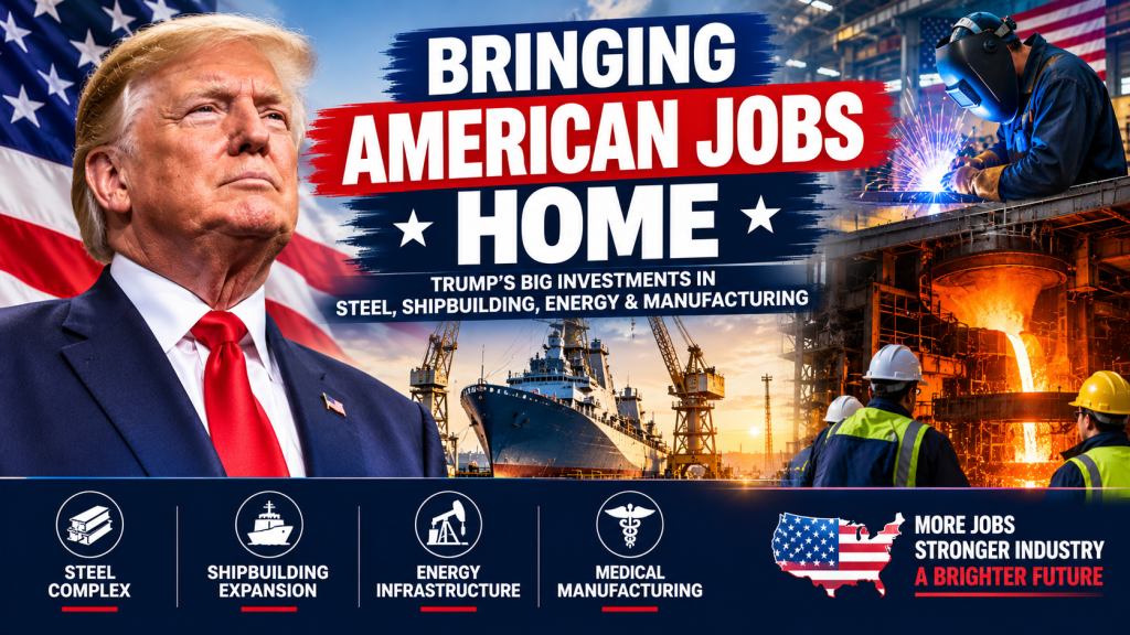 Donald Trump alongside American flags, steelworkers, a shipyard and industrial manufacturing facilities.