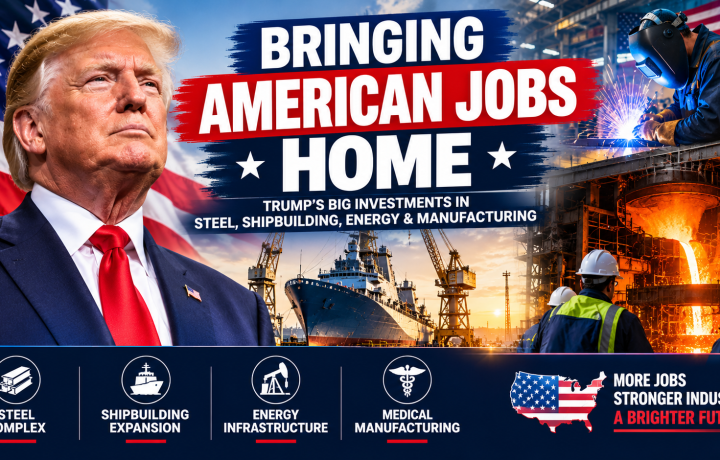 Donald Trump alongside American flags, steelworkers, a shipyard and industrial manufacturing facilities.